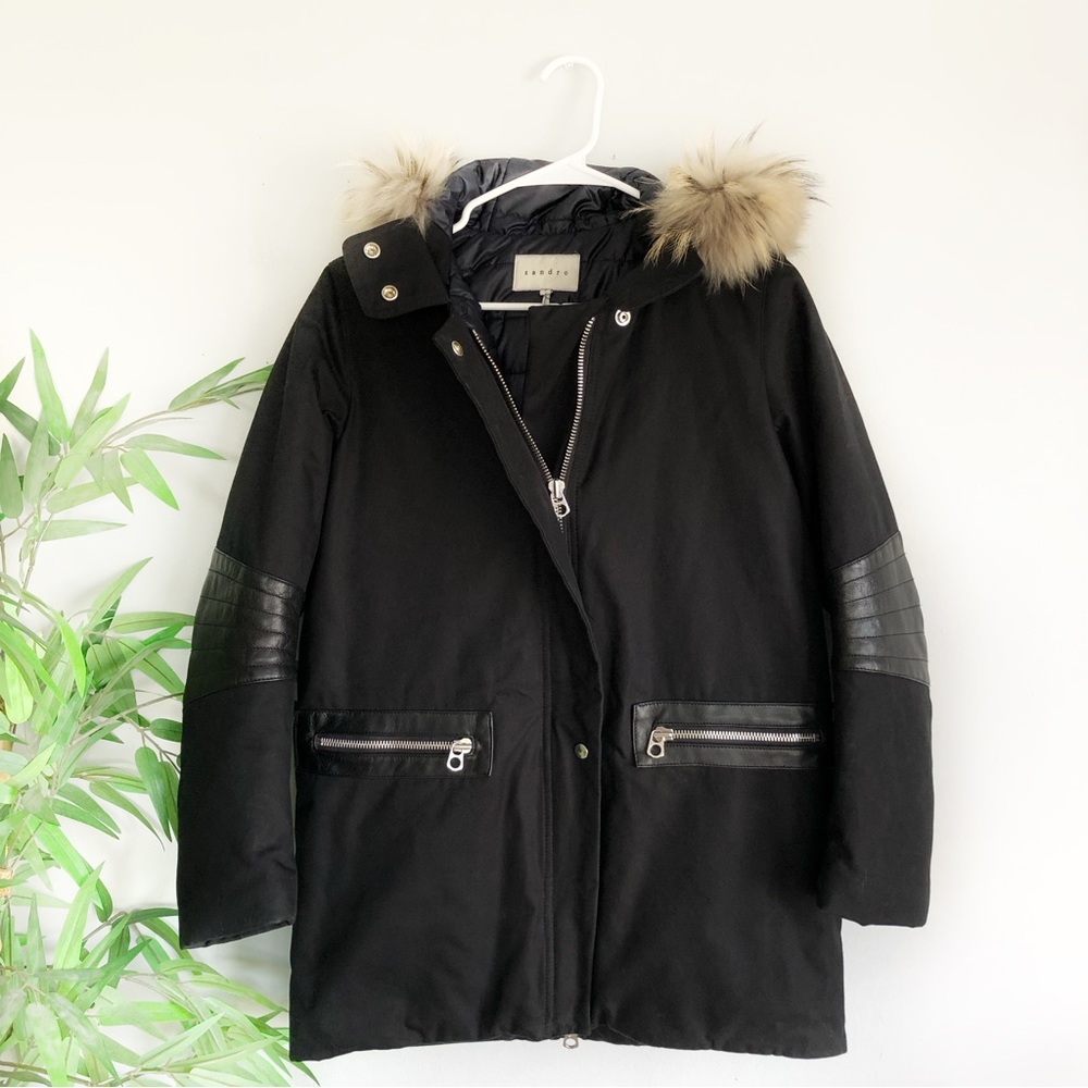 Sandro Paris Black Jacket with Fur Lined Hood and Leather Trim